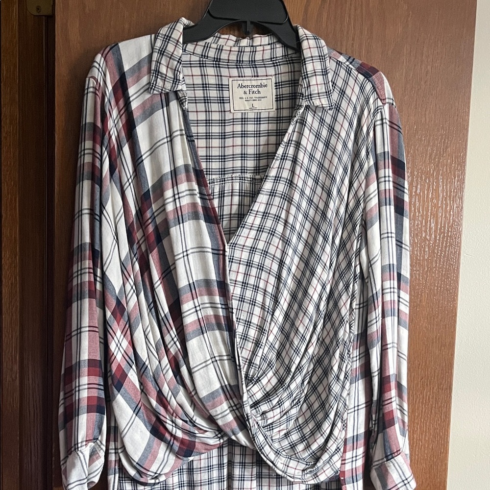 Abercrombie & Fitch Women's Plaid Drape Top - burgundy,, White, and Blue